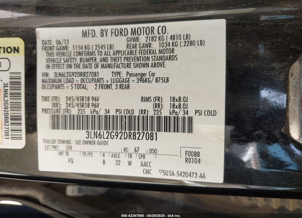 2013 LINCOLN MKZ VIN: 3LN6L2G92DR827081