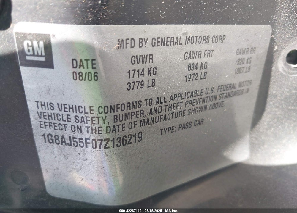 2007 SATURN ION 2 VIN: 1G8AJ55F07Z136219