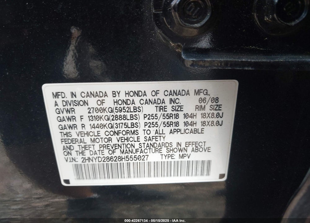 2008 ACURA MDX TECHNOLOGY PACKAGE VIN: 2HNYD28628H555027