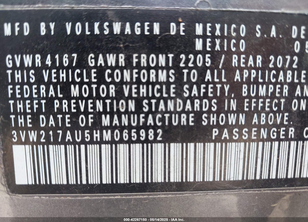 2017 VOLKSWAGEN GOLF VIN: 3VW217AU5HM065982