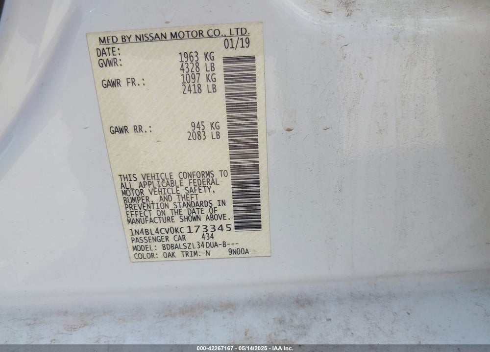 2019 NISSAN ALTIMA 2.5 SR VIN: 1N4BL4CV0KC173345