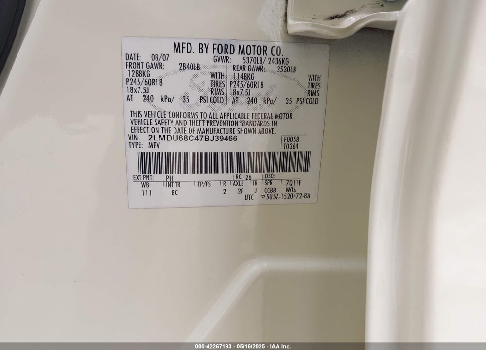 2007 LINCOLN MKX VIN: 2LMDU68C47BJ39466