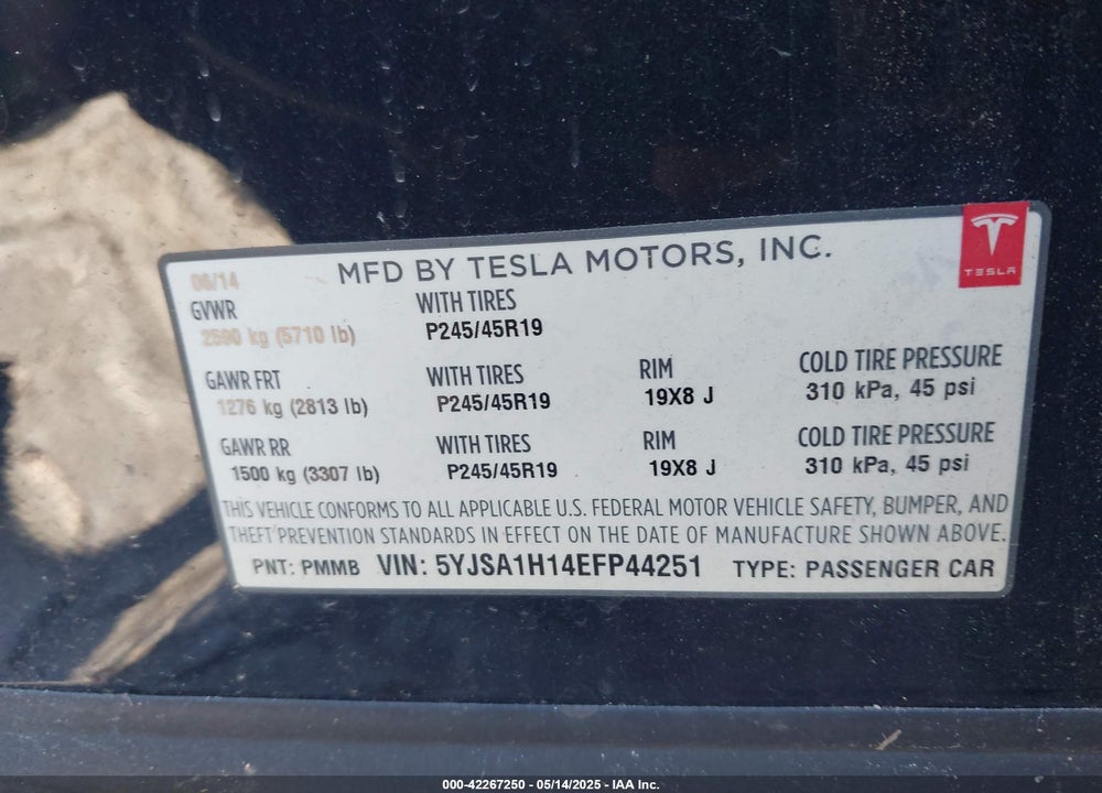 2014 TESLA MODEL S P85 VIN: 5YJSA1H14EFP44251