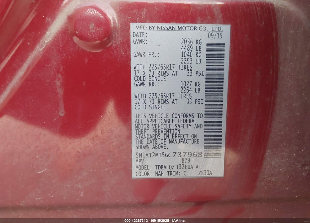 2016 NISSAN ROGUE SV VIN: 5N1AT2MT5GC737968