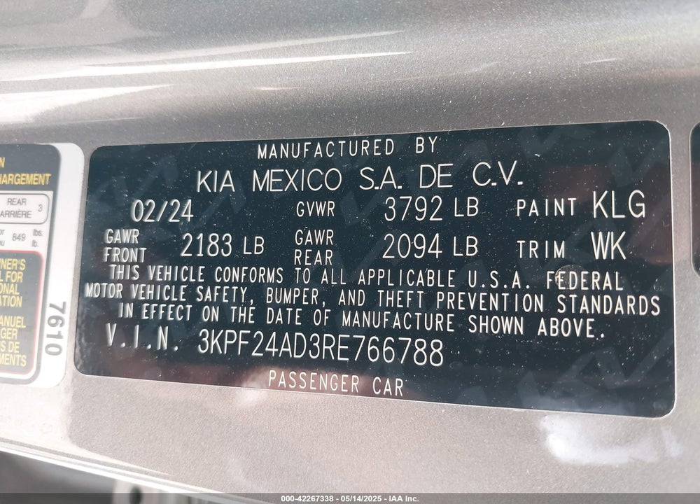 2024 KIA FORTE LXS VIN: 3KPF24AD3RE766788