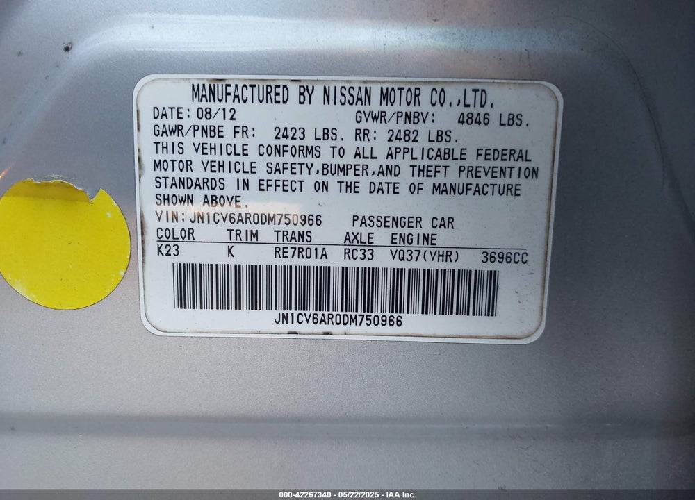 2013 INFINITI G37X VIN: JN1CV6AR0DM750966