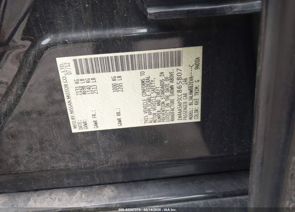 2012 NISSAN MAXIMA VIN: 1N4AA5AP3CC865807