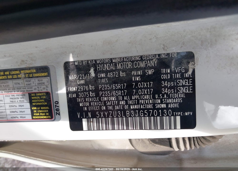 2018 HYUNDAI SANTA FE SPORT 2.4L VIN: 5XYZU3LB3JG570130