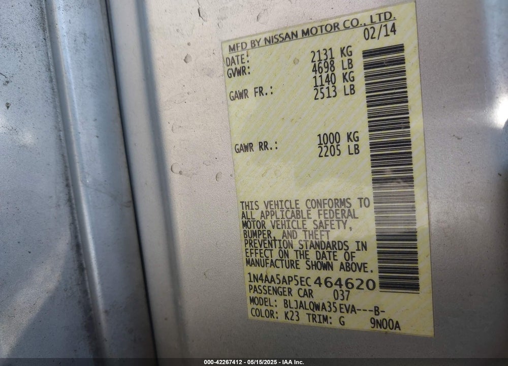 2014 NISSAN MAXIMA VIN: 1N4AA5AP5EC464620
