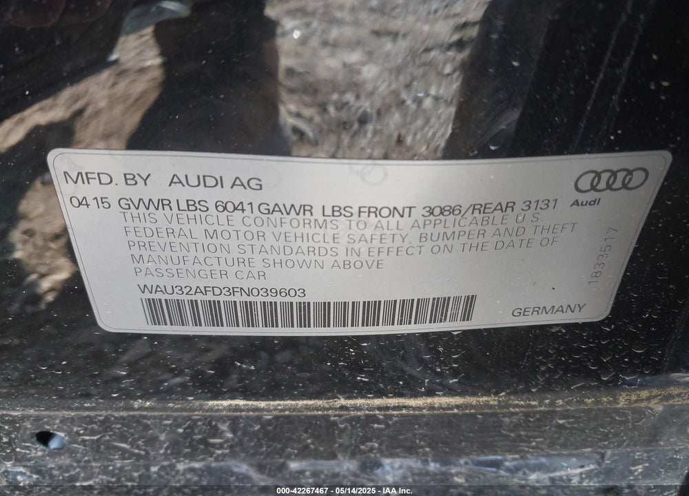 2015 AUDI A8 VIN: WAU32AFD3FN039603