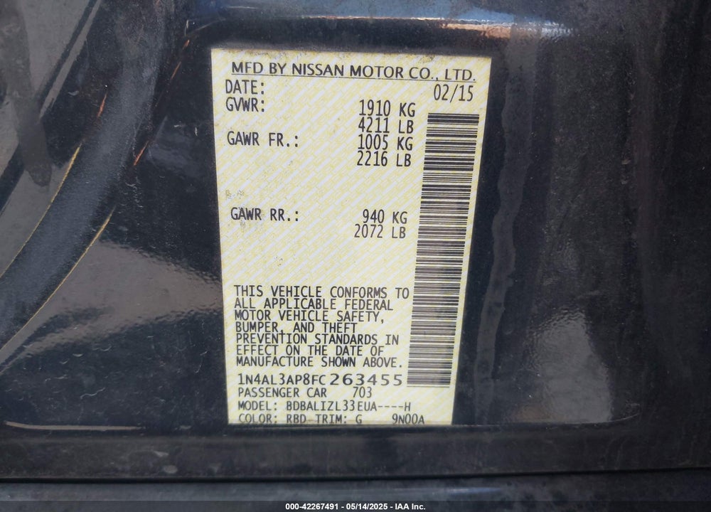 2015 NISSAN ALTIMA VIN: 1N4AL3AP8FC263455