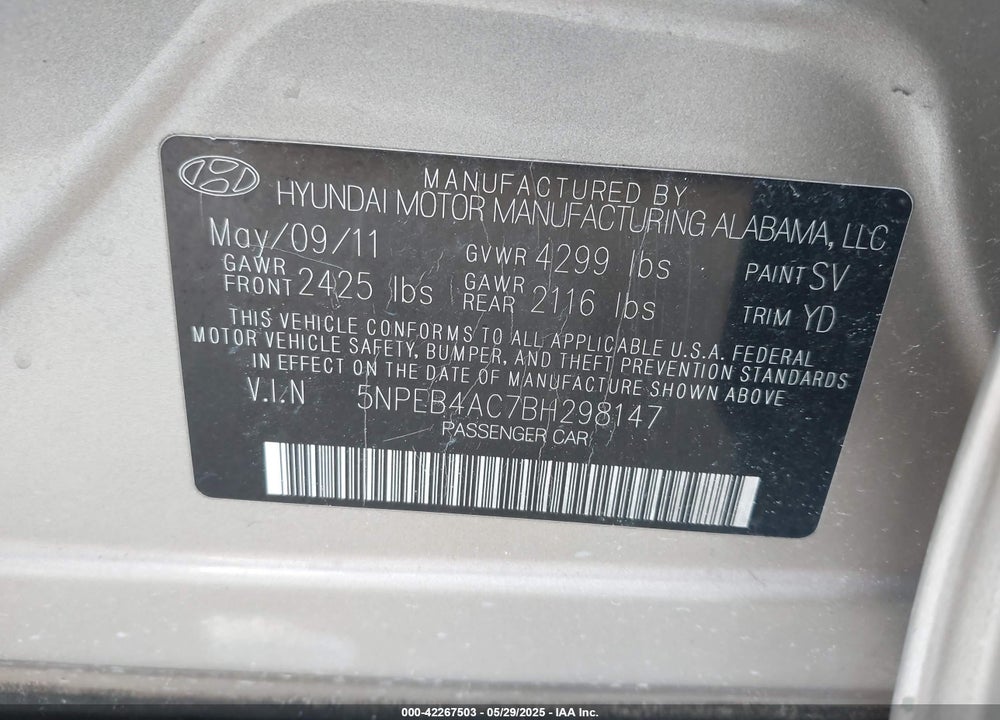 2011 HYUNDAI SONATA VIN: 5NPEB4AC7BH298147