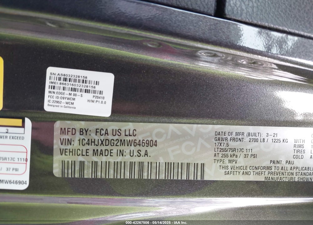 2021 JEEP WRANGLER UNLIMITED VIN: 1C4HJXDG2MW646904