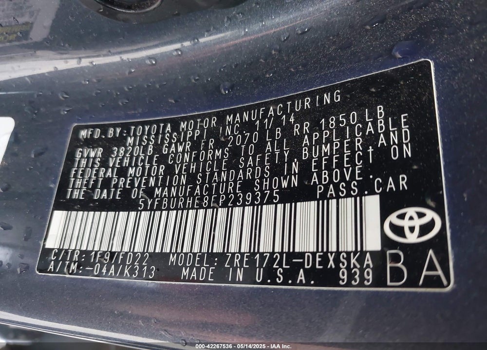 2015 TOYOTA COROLLA S PLUS VIN: 5YFBURHE8FP239375
