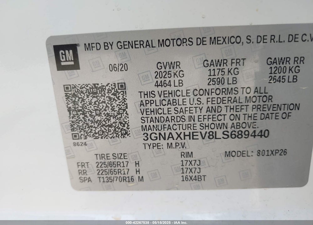 2020 CHEVROLET EQUINOX VIN: 3GNAXHEV8LS689440