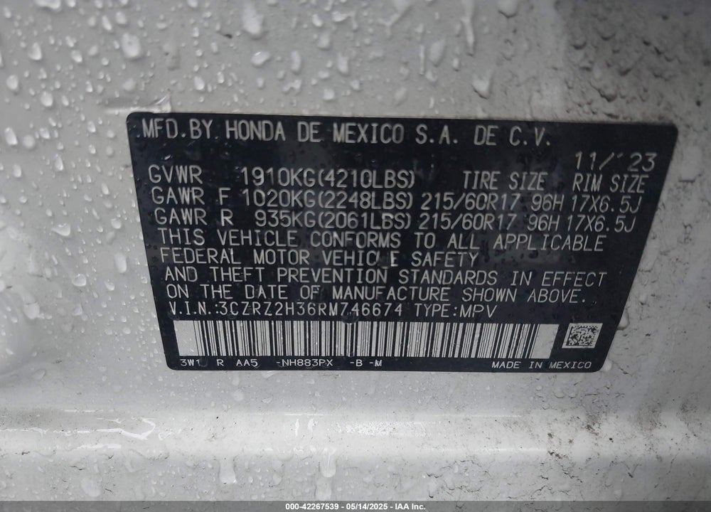 2024 HONDA HR-V VIN: 3CZRZ2H36RM746674