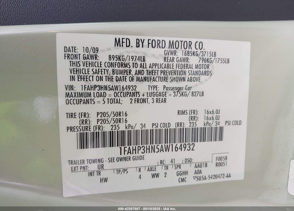 2010 FORD FOCUS VIN: 1FAHP3HN5AW164932