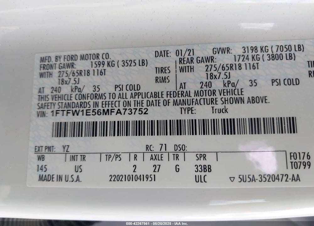 2021 FORD F-150 XLT VIN: 1FTFW1E56MFA73752