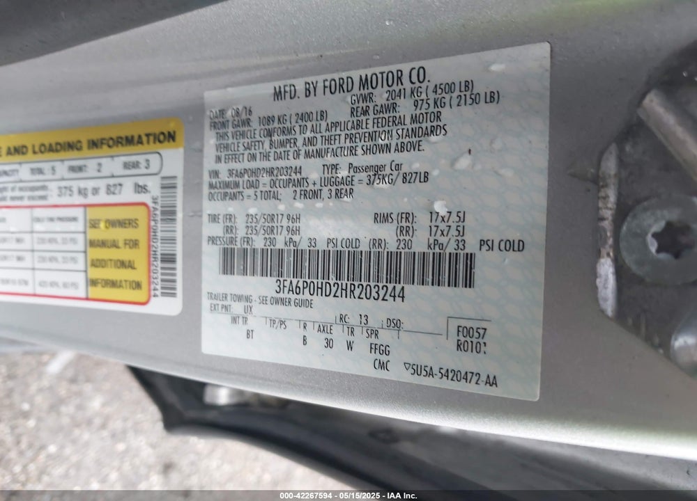 2017 FORD FUSION VIN: 3FA6P0HD2HR203244