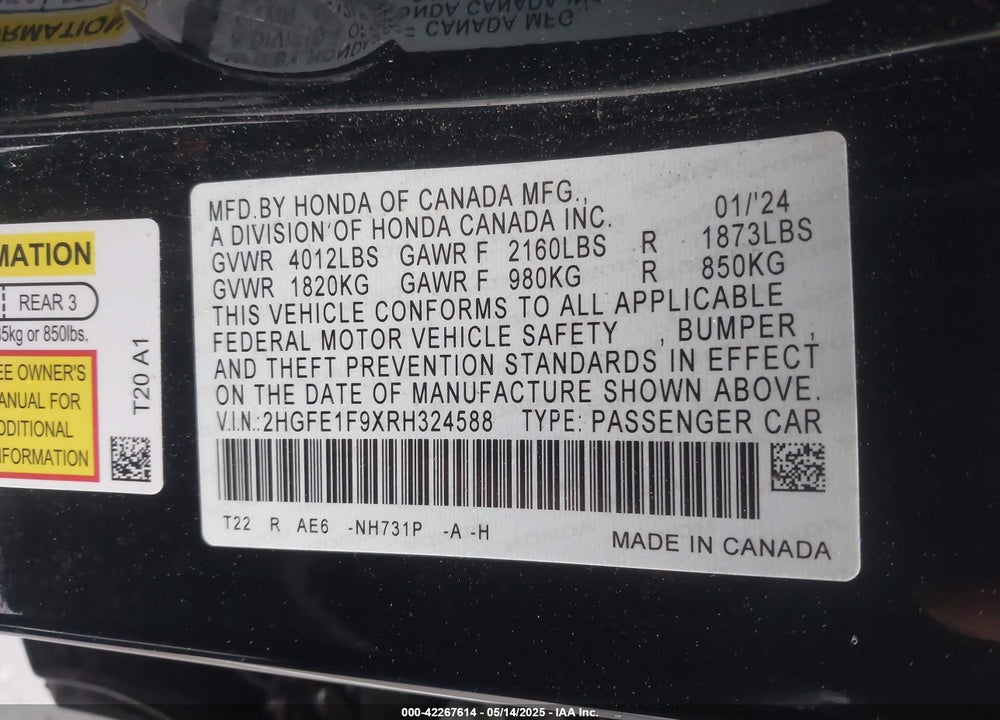 2024 HONDA CIVIC TOURING VIN: 2HGFE1F9XRH324588