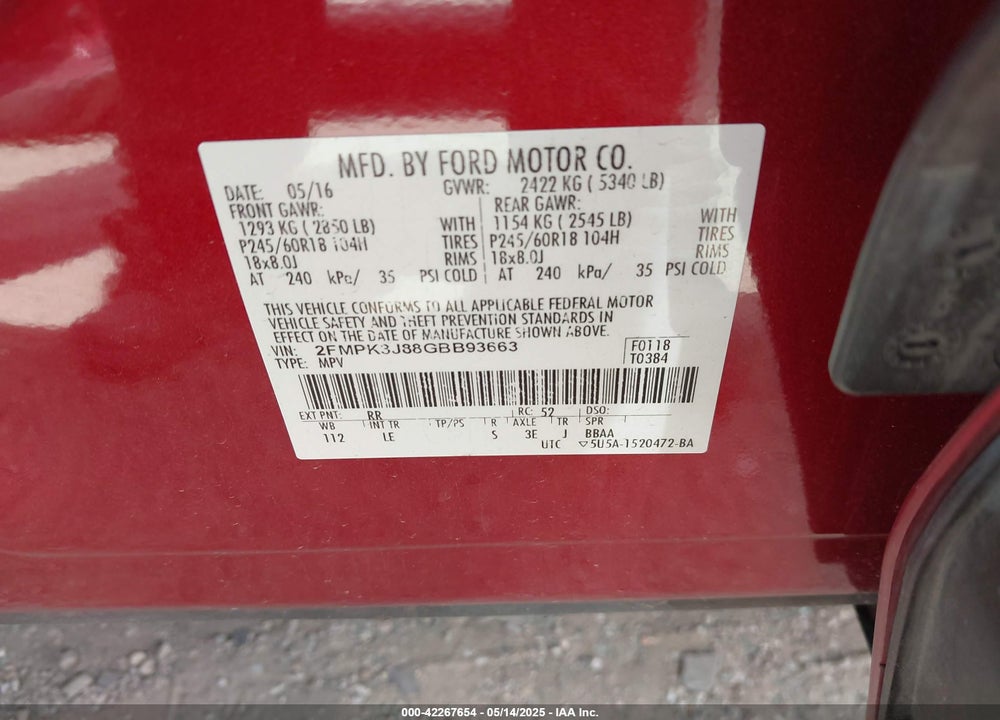 2016 FORD EDGE SEL VIN: 2FMPK3J88GBB93663