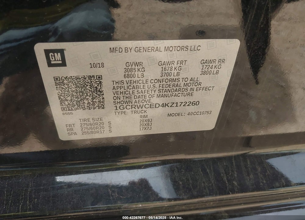 2019 CHEVROLET SILVERADO 1500 VIN: 1GCRWCED4KZ172260