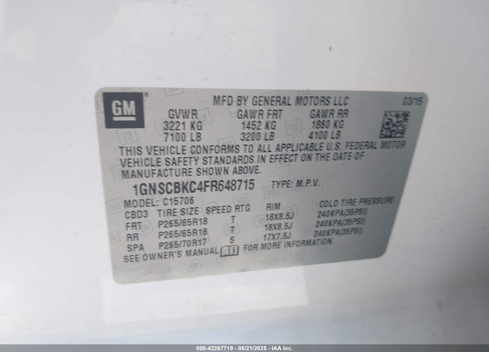 2015 CHEVROLET TAHOE VIN: 1GNSCBKC4FR648715