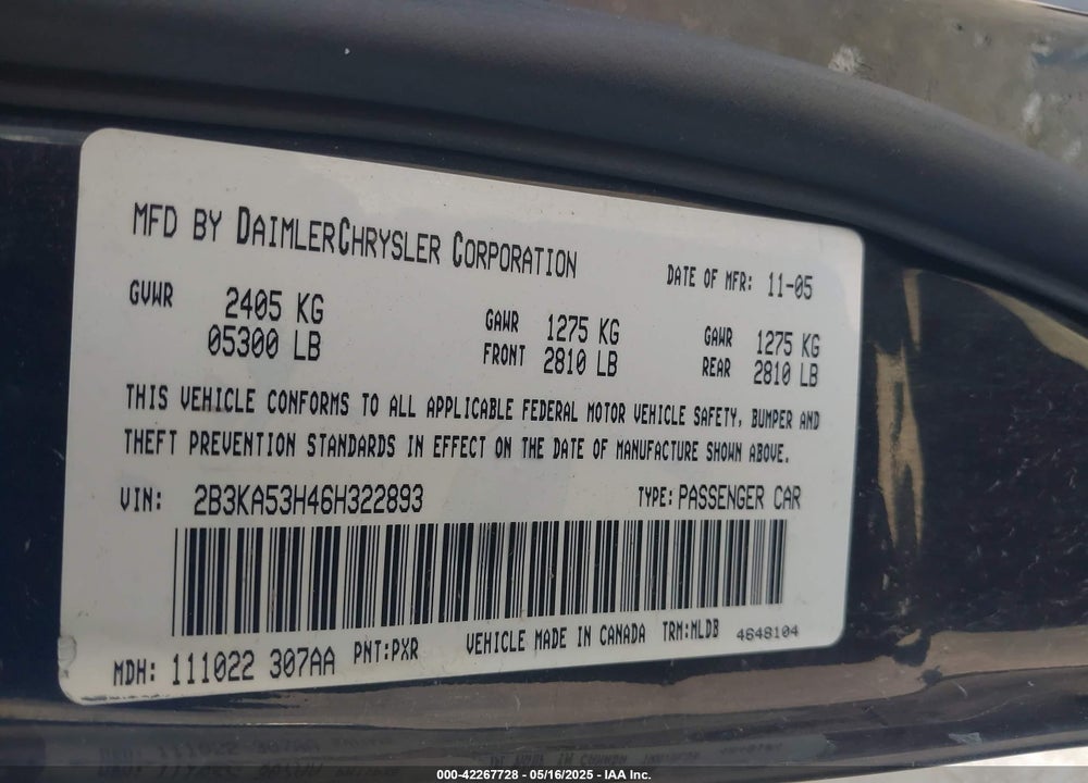 2006 DODGE CHARGER VIN: 2B3KA53H46H322893