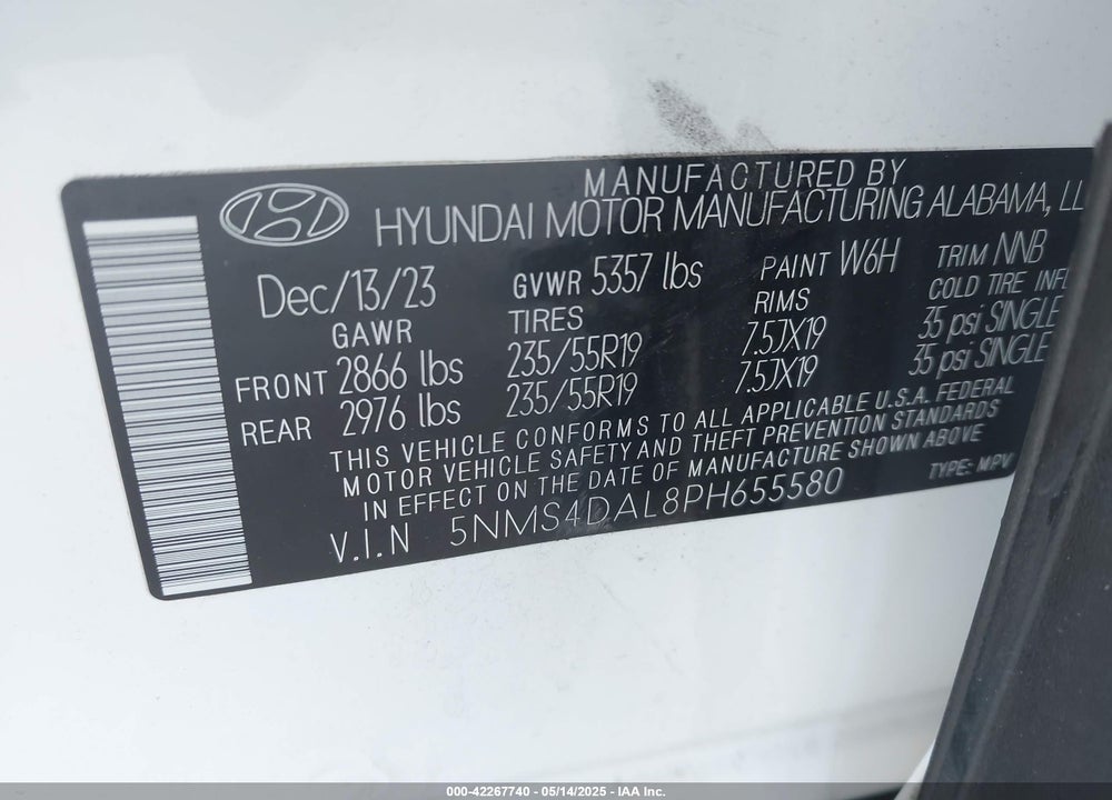 2023 HYUNDAI SANTA FE VIN: 5NMS4DAL8PH655580