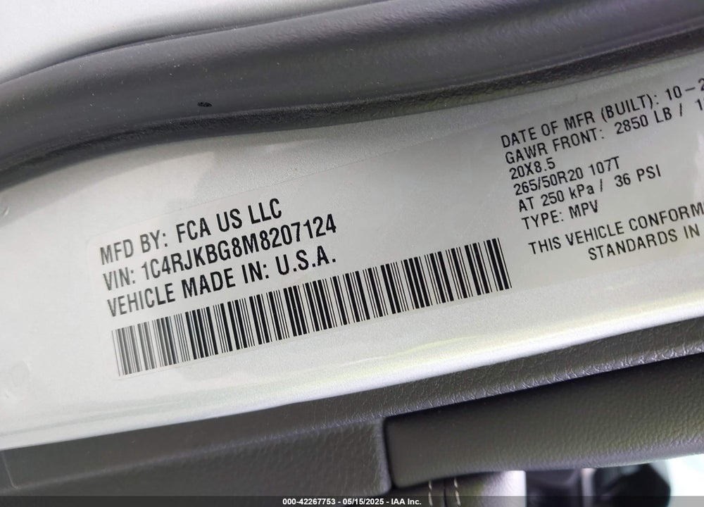 2021 JEEP GRAND CHEROKEE L VIN: 1C4RJKBG8M8207124