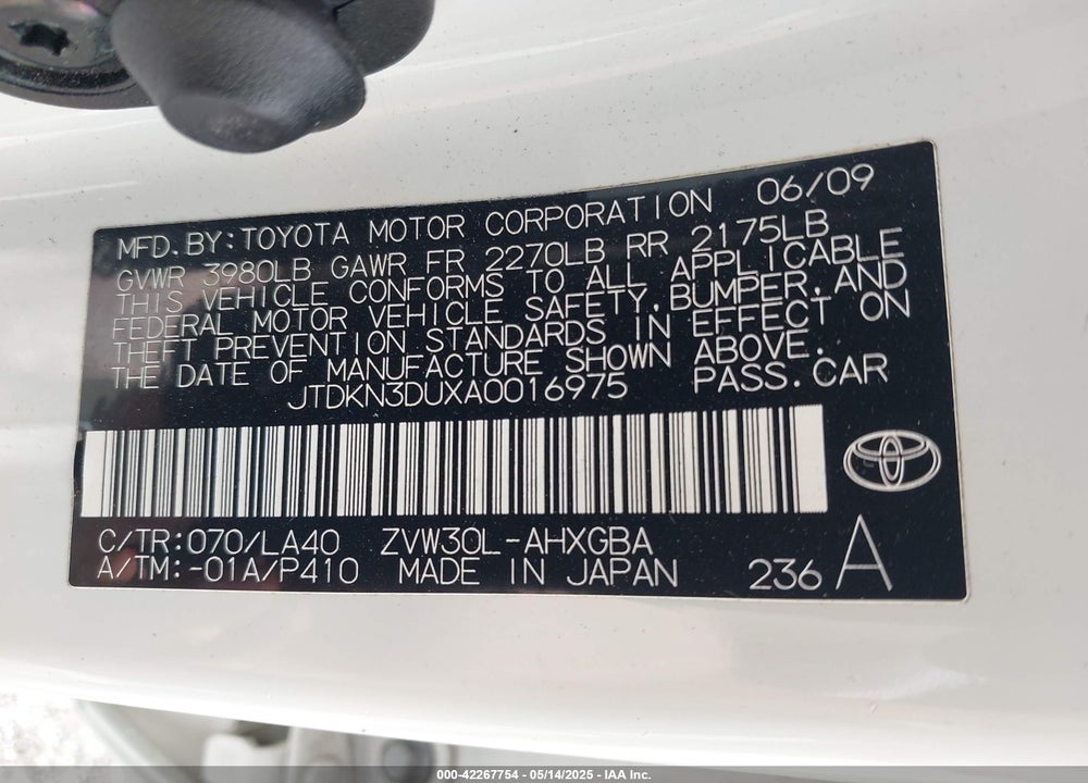 2010 TOYOTA PRIUS VIN: JTDKN3DUXA0016975
