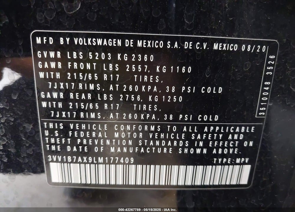 2020 VOLKSWAGEN TIGUAN VIN: 3VV1B7AX9LM177409