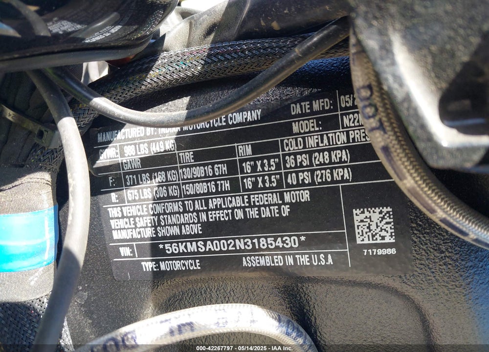 2022 INDIAN MOTORCYCLE CO. SCOUT ABS VIN: 56KMSA002N3185430