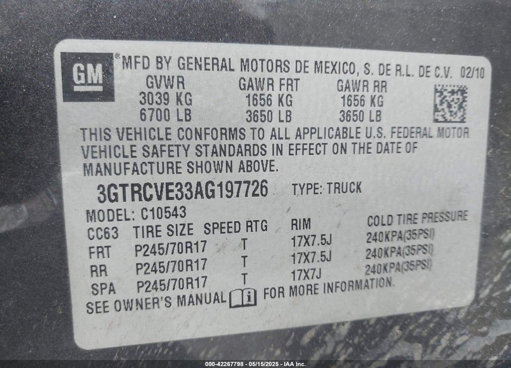 2010 GMC SIERRA 1500 VIN: 3GTRCVE33AG197726