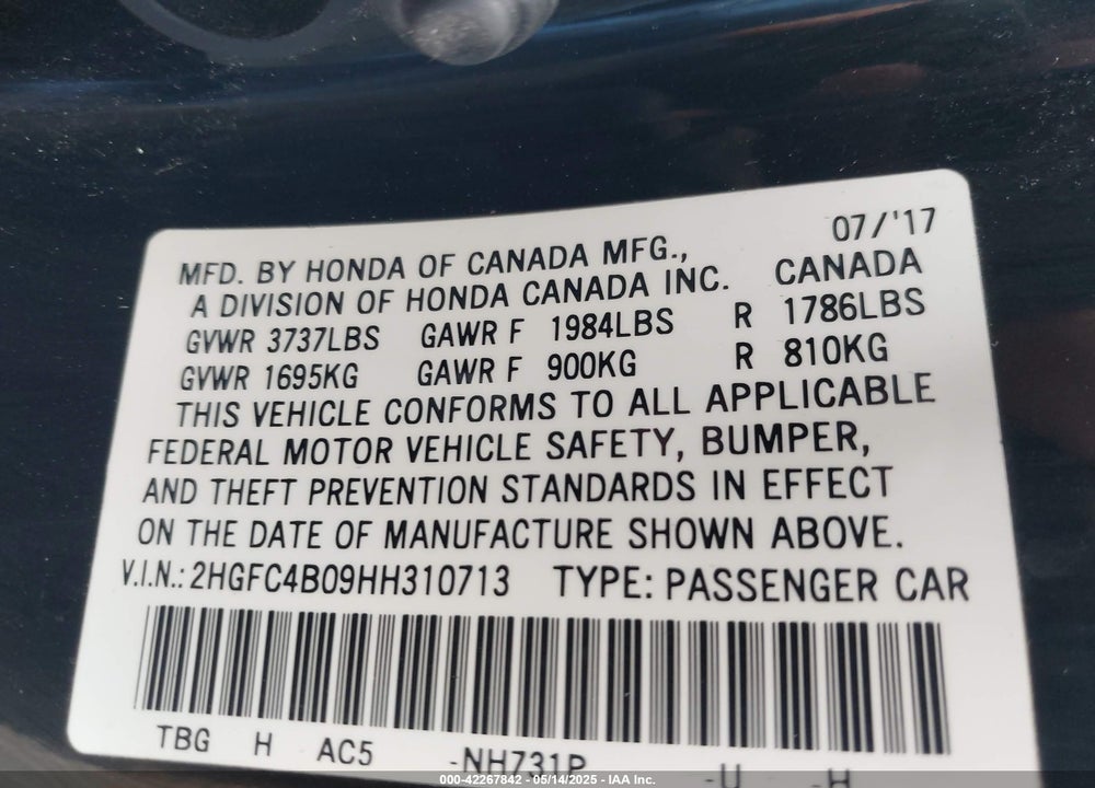 2017 HONDA CIVIC LX-P VIN: 2HGFC4B09HH310713