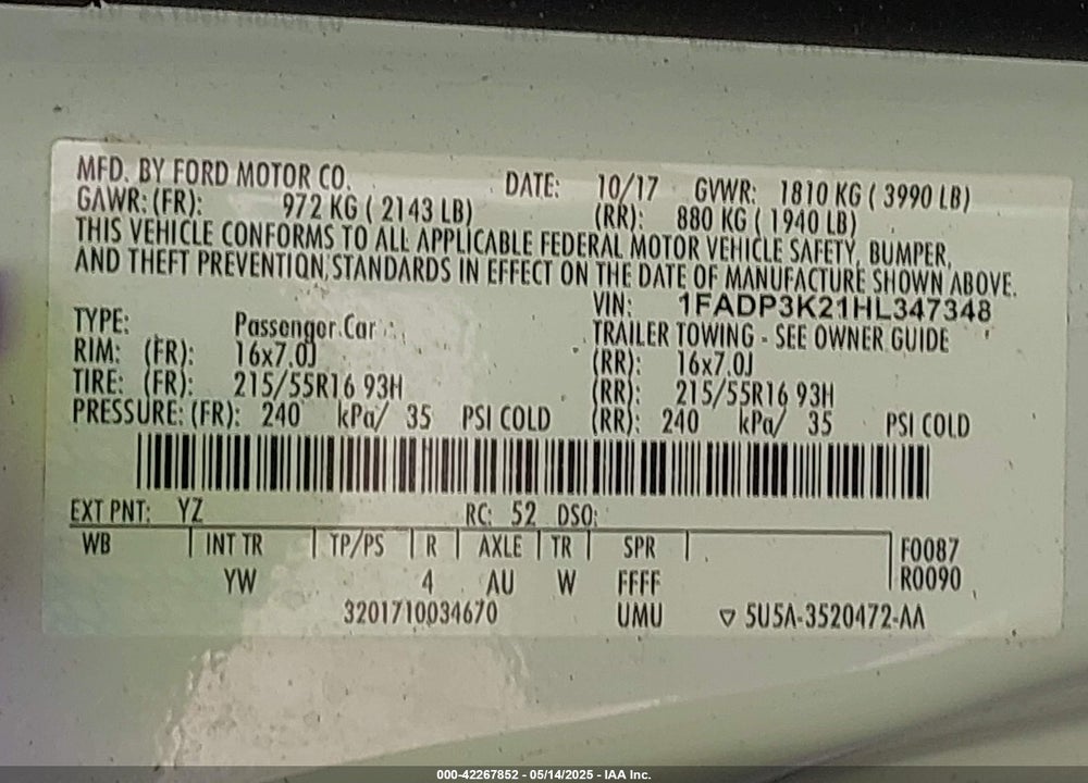2017 FORD FOCUS SE VIN: 1FADP3K21HL347348