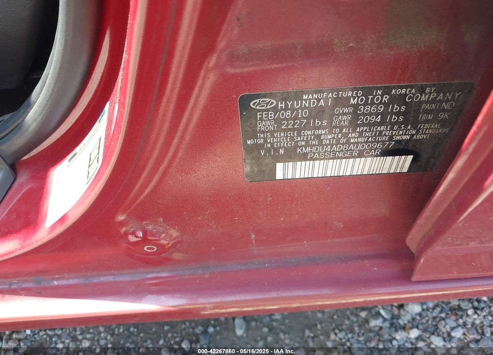 2010 HYUNDAI ELANTRA VIN: KMHDU4AD8AU009677