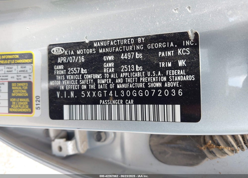 2016 KIA OPTIMA VIN: 5XXGT4L30GG072036
