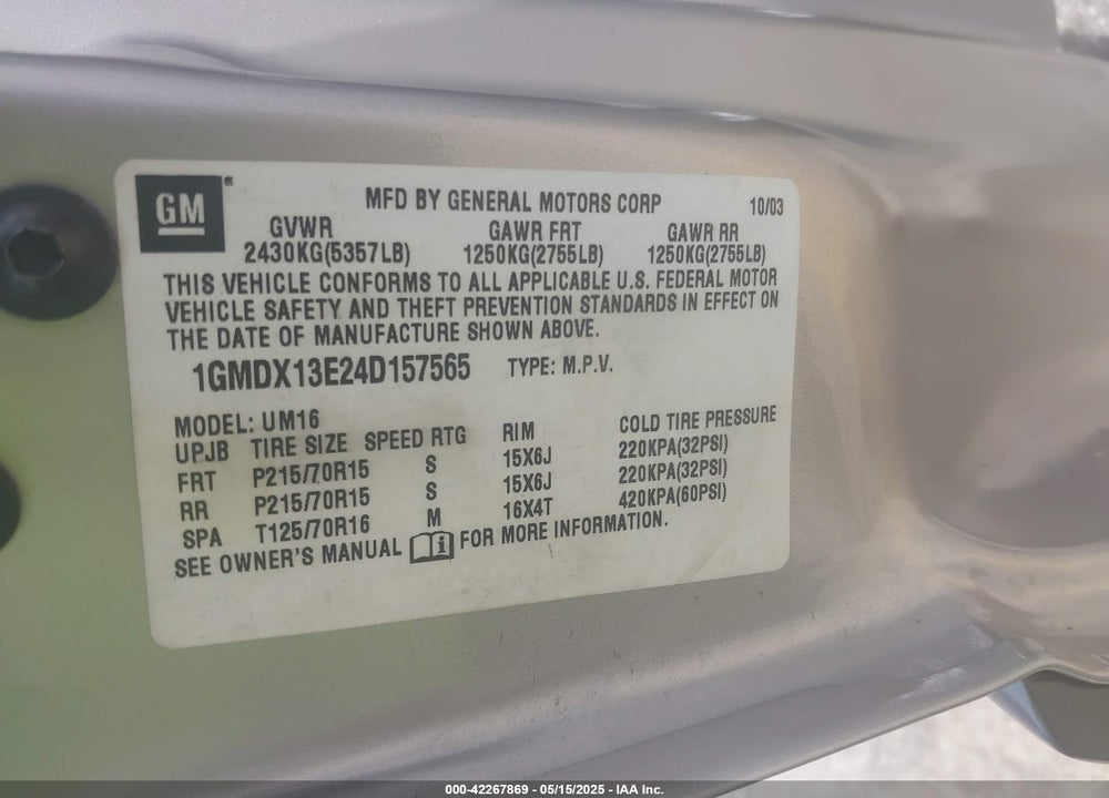 2004 PONTIAC MONTANA M16 W/1SE PKG. VIN: 1GMDX13E24D157565