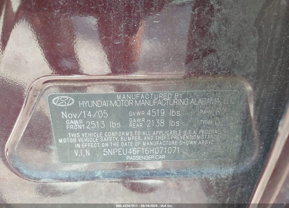 2006 HYUNDAI SONATA GLS V6/LX V6 VIN: 5NPEU46F16H071071