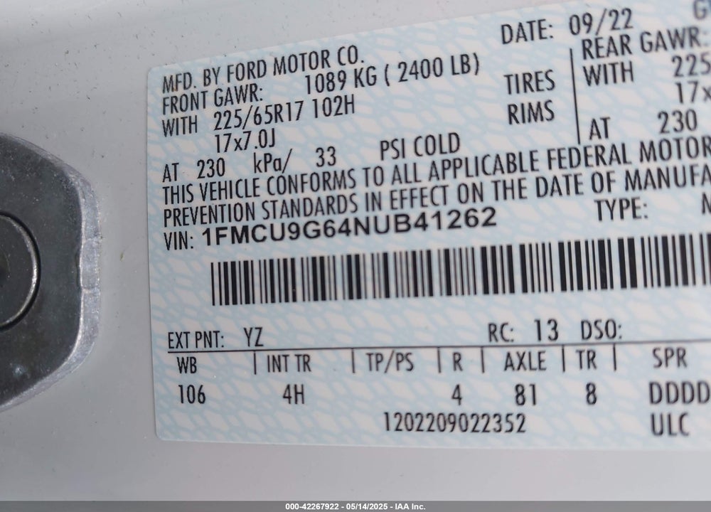 2022 FORD ESCAPE VIN: 1FMCU9G64NUB41262