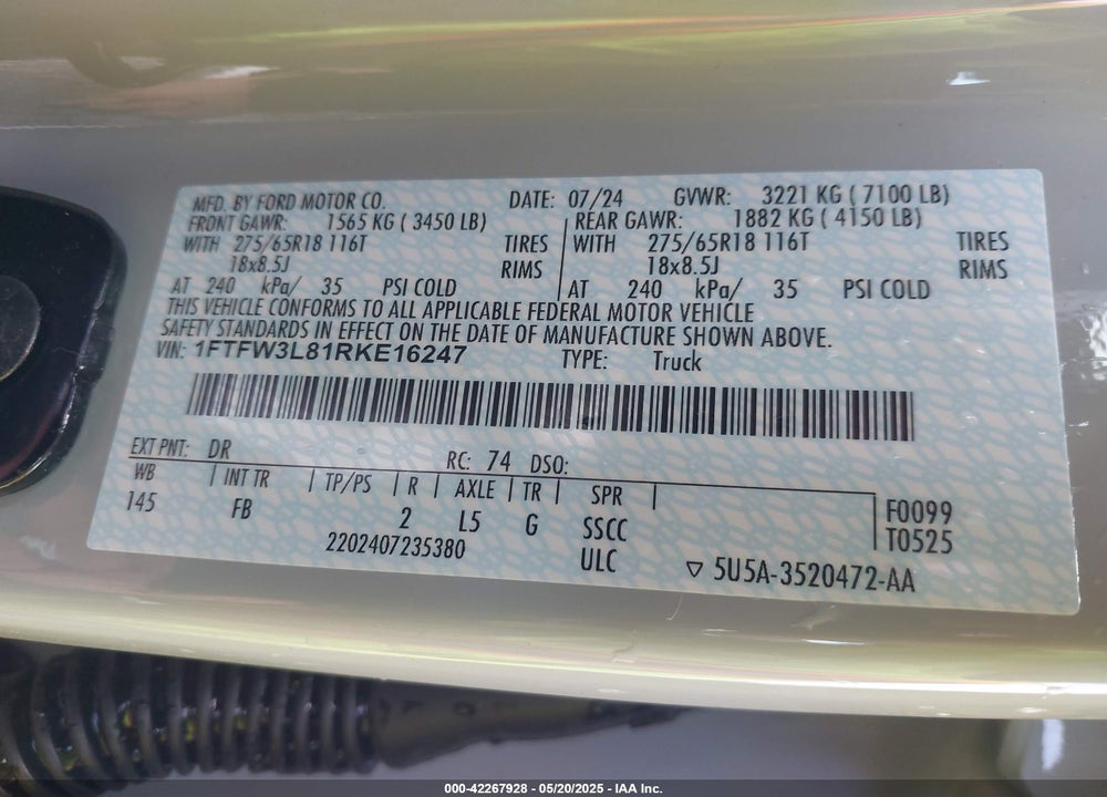 2024 FORD F-150 VIN: 1FTFW3L81RKE16247