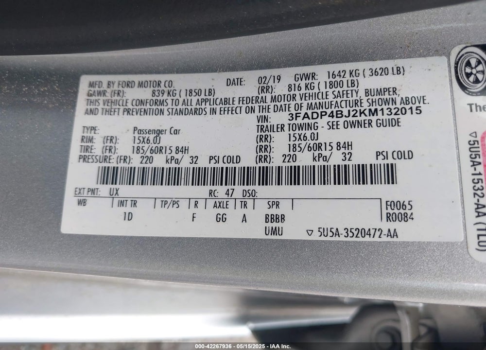 2019 FORD FIESTA VIN: 3FADP4BJ2KM132015