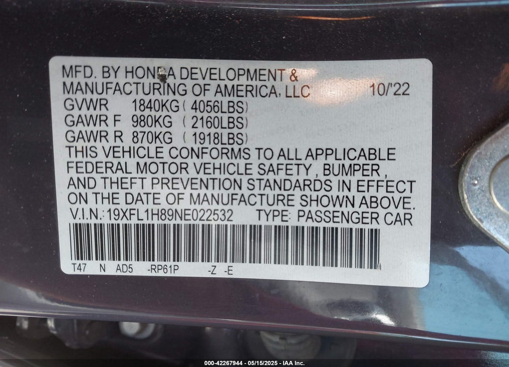 2022 HONDA CIVIC VIN: 19XFL1H89NE022532