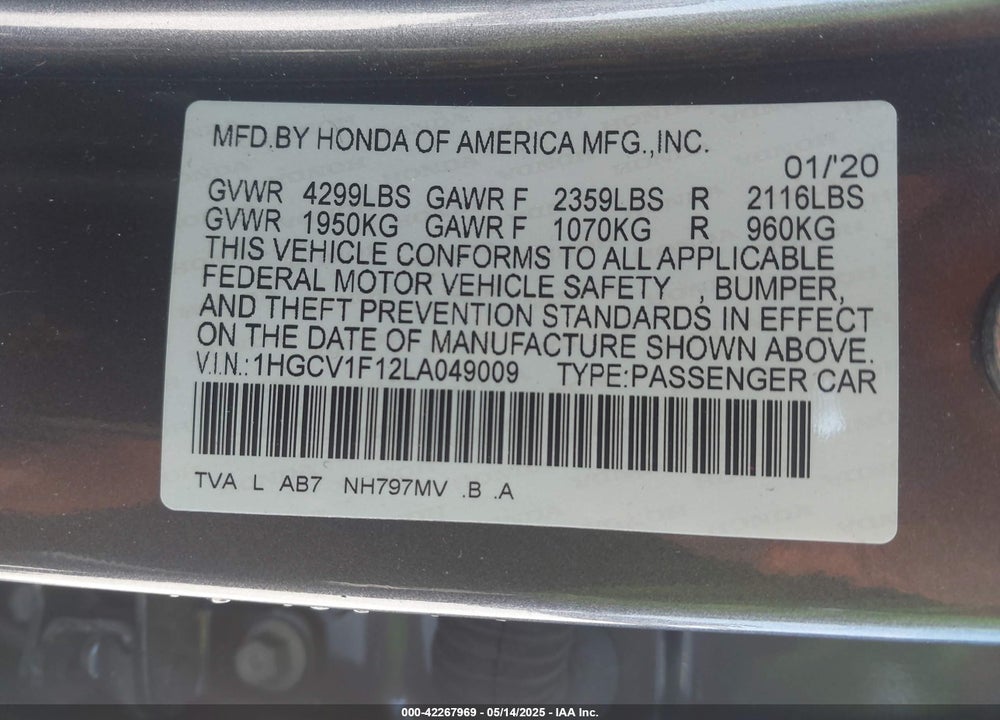 2020 HONDA ACCORD LX VIN: 1HGCV1F12LA049009