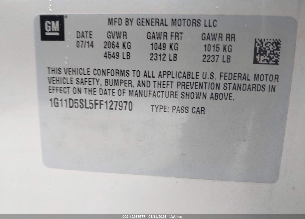 2015 CHEVROLET MALIBU 2LT VIN: 1G11D5SL5FF127970