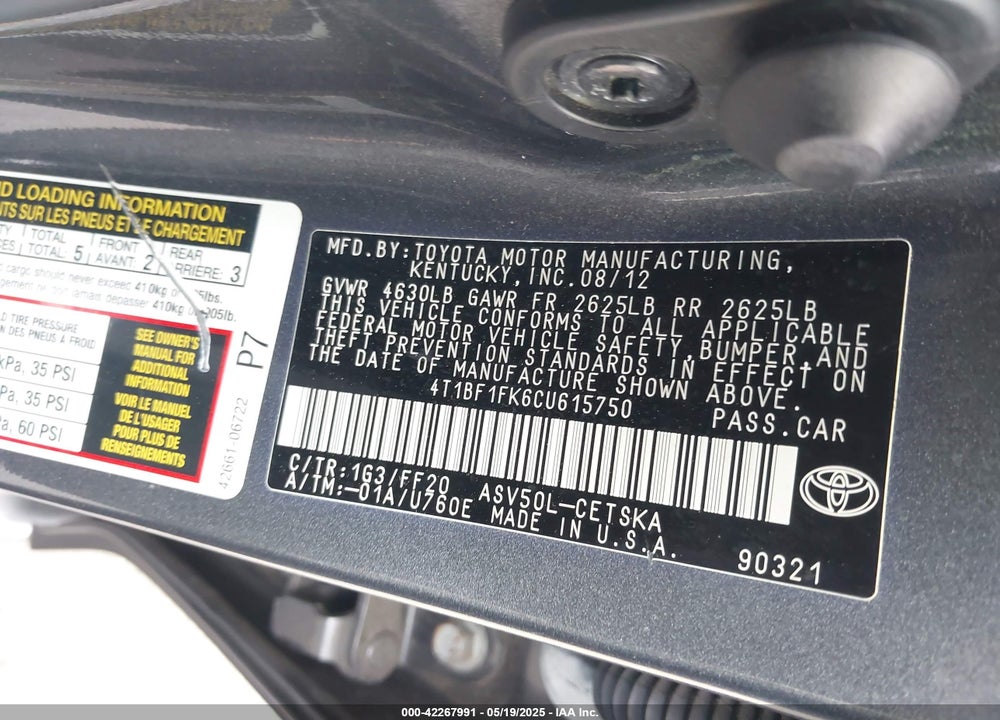 2012 TOYOTA CAMRY VIN: 4T1BF1FK6CU615750
