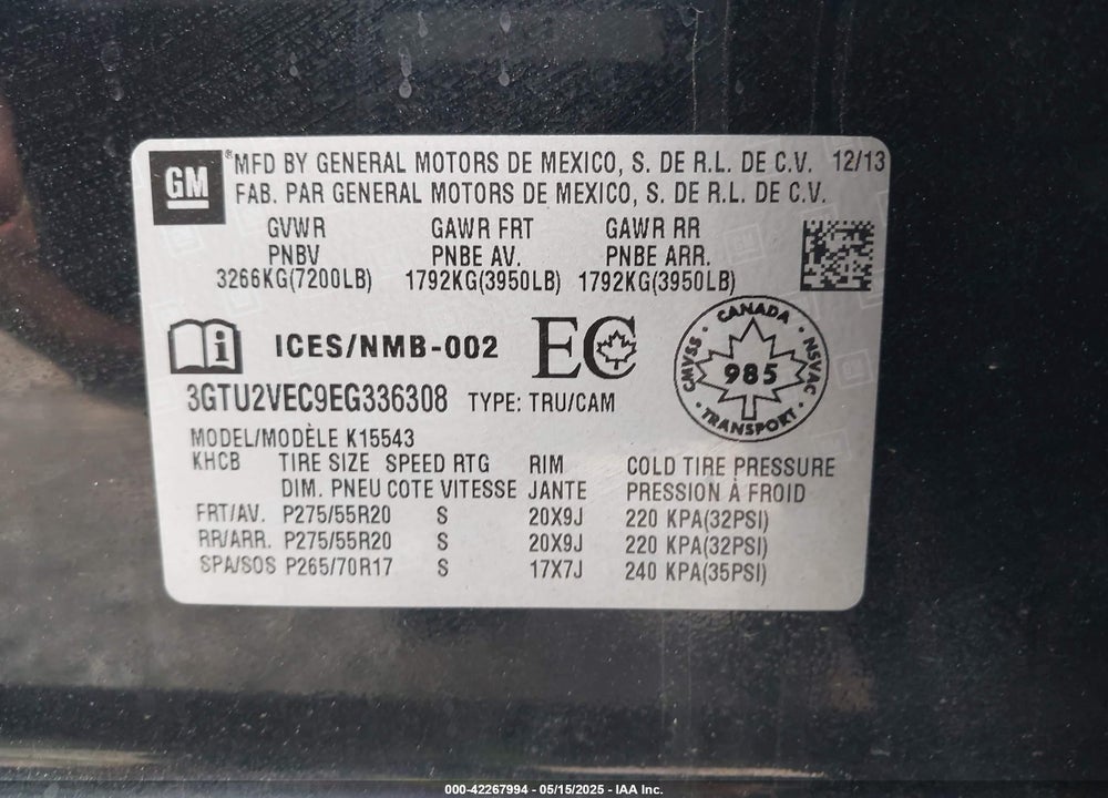 2014 GMC SIERRA VIN: 3GTU2VEC9EG336308