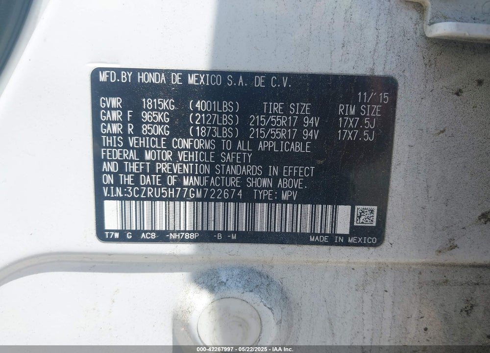 2016 HONDA HR-V VIN: 3CZRU5H77GM722674