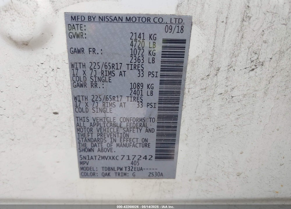 2019 NISSAN ROGUE VIN: 5N1AT2MVXKC717242